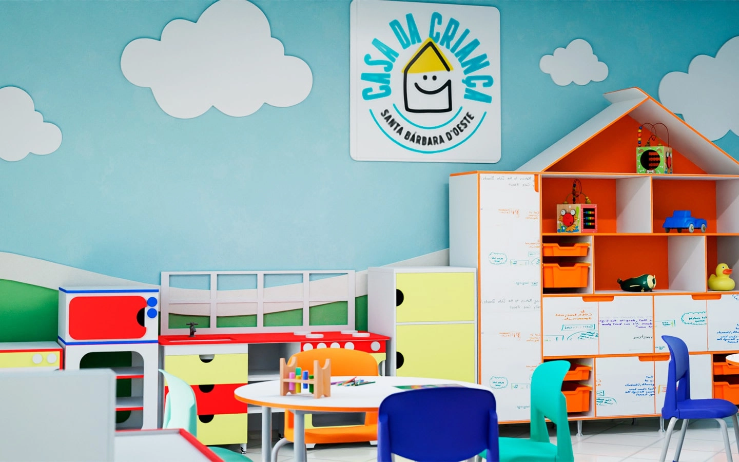 uploads/Parte de sala de aula infantil com diversos armários com brinquedos e algumas mesas redondas com cadeiras - além de pinturas de nuvens nas paredes azuis.
