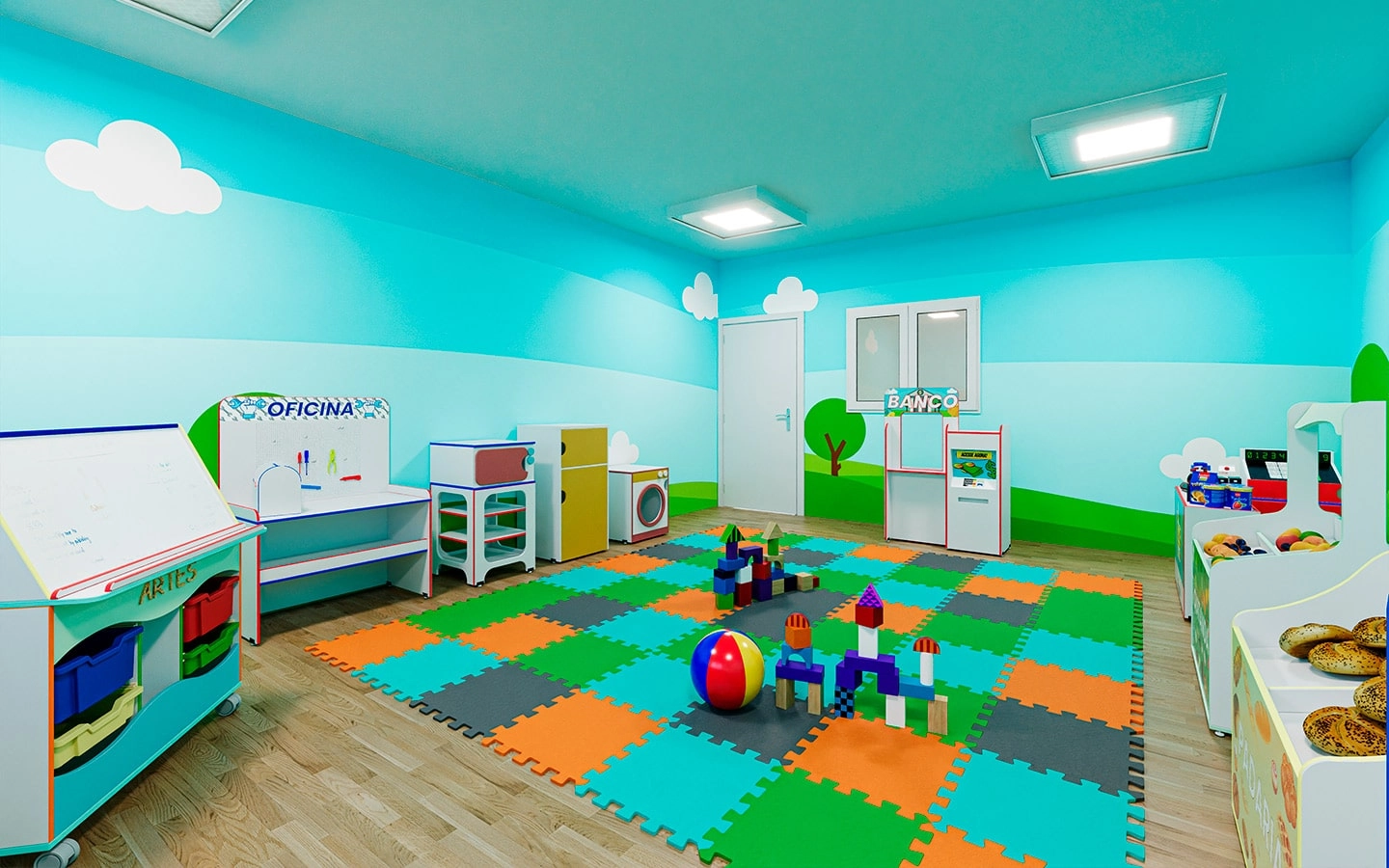 uploads/Sala com tapete de E.V.A no chão e sobre ele alguns brinquedos - nas paredes diversos armários com brinquedos e temáticas para que sejam utilizados nas brincadeiras.