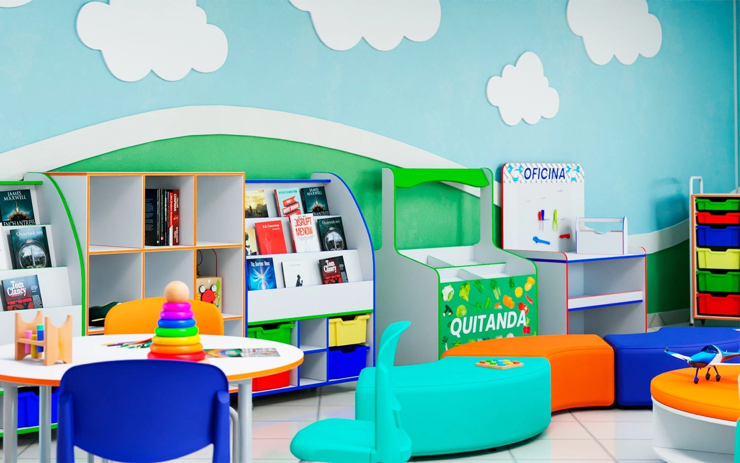 uploads/Parte de sala de aula infantil com diversos armários com brinquedos, algumas mesas redondas com cadeiras e puffs - além de pinturas de nuvens nas paredes azuis.